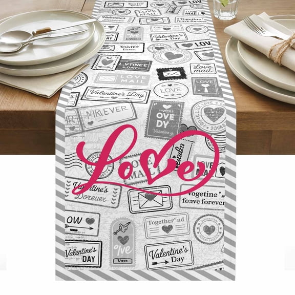 Pink Love Table Runner - 48 Inch Long, Kitchen Dining Table Runner Dresser Scarves, Valentine's Day Postmark Mails Retro Gray Farmhouse Decor for Coffee Tables Wedding Party Banquet