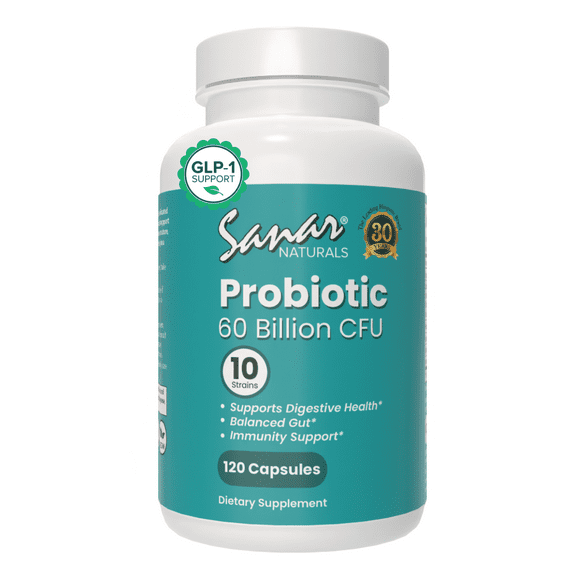 Sanar Naturals Probiotic 60 Billion CFU, with Prebiotic - Supports Immune, Digestive, & Gut Health - Probiotics for Women and Men - Vegan, Non-GMO, Gluten Free, 120 CT