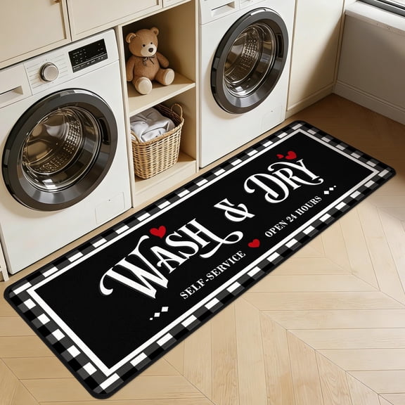 Washable Laundry Room Rug, 20"X59" Non Slip Soft Low-Pile Laundry Mat Farmhouse Laundry Room Decor Area Rug for Kitchen Bathroom Black Plaid