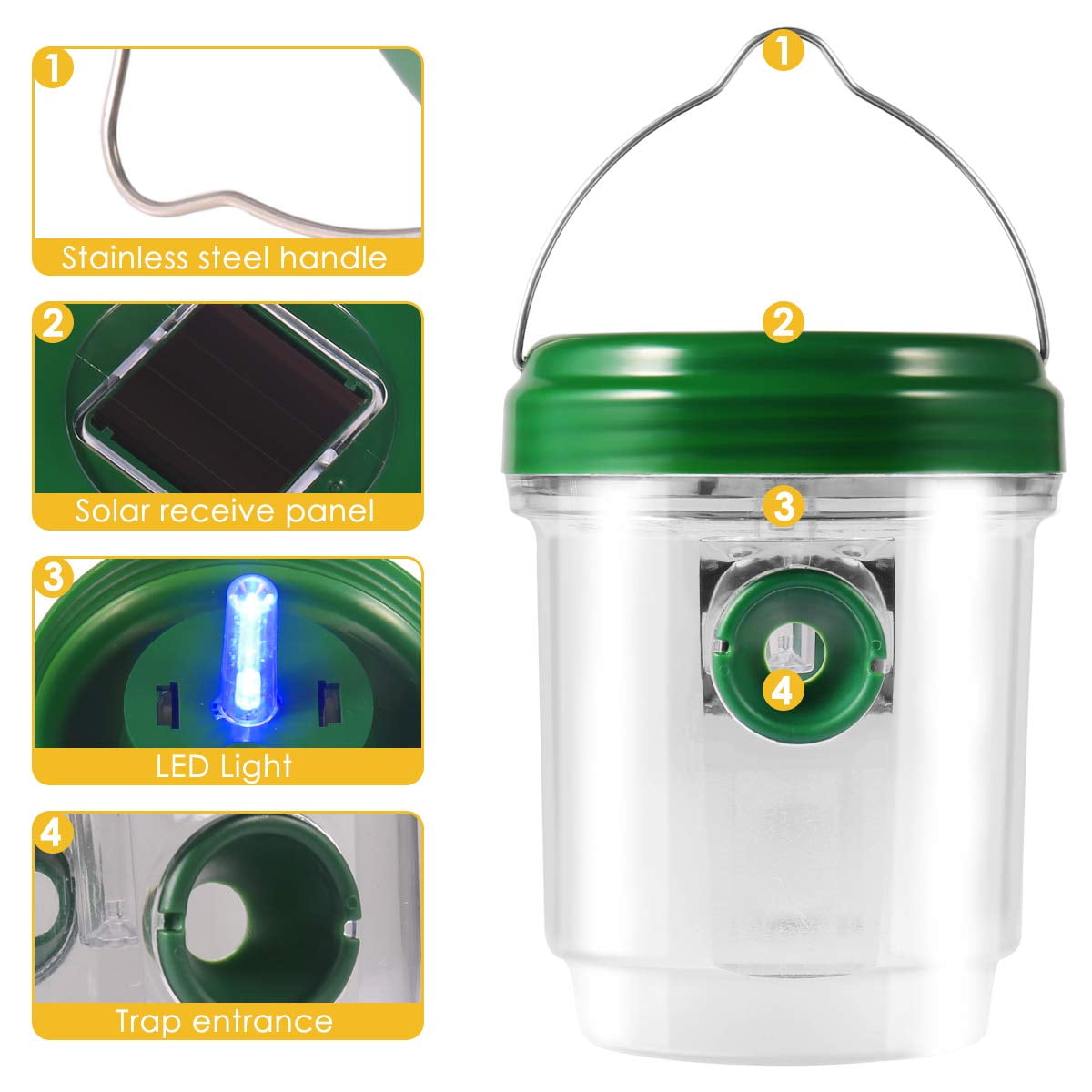 Details about   Solar Powered Wasp Trap Catcher W/ LED Light Outdoor Reusable Bee Hornet No Har 