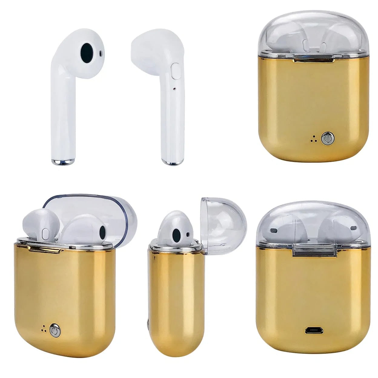 Gold Dual Chamber Bluetooth Wireless Earbuds with Charging Case, Clear Top In-Ear Headphones 4H Playtime for Apple Android