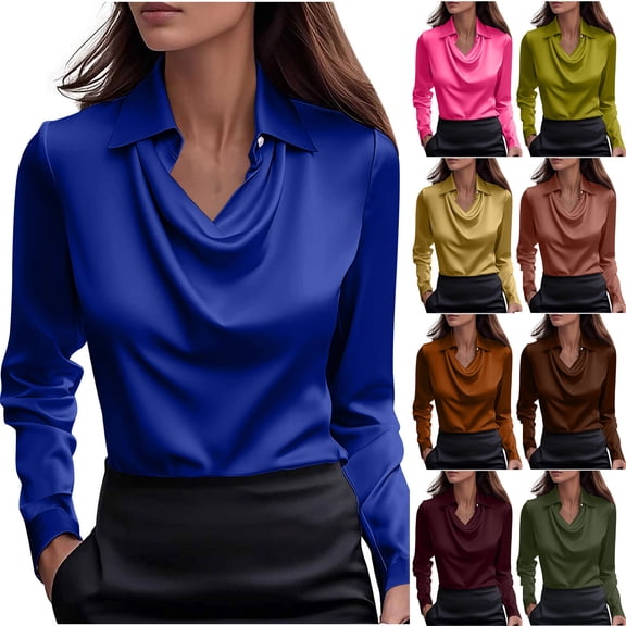Xuhomer Fall Tunics Tops for Women Long Sleeve V-Neck Satin Silk Shirts Solid Color Business Work Dressy Cowl Neck Blouse