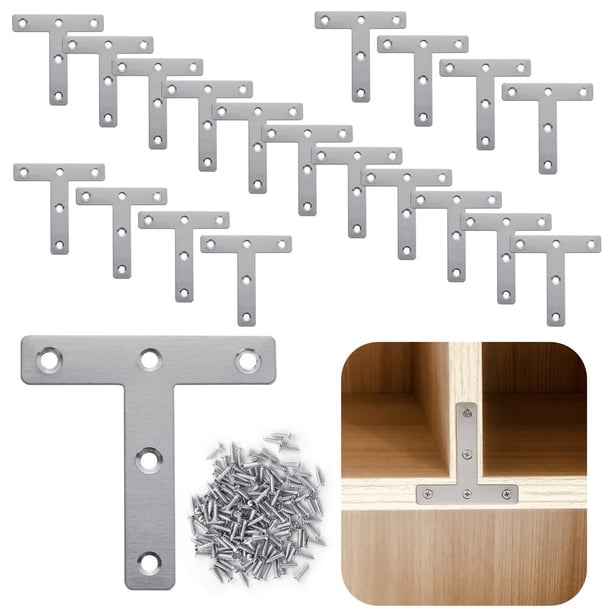 20 soportes de esquina planos, soportes de ángulo de estante en forma de T de 3.1 × 3.1 con tornillos, placas de reparación de metal de alta resistencia, conectores de esquina de juntas para muebles
