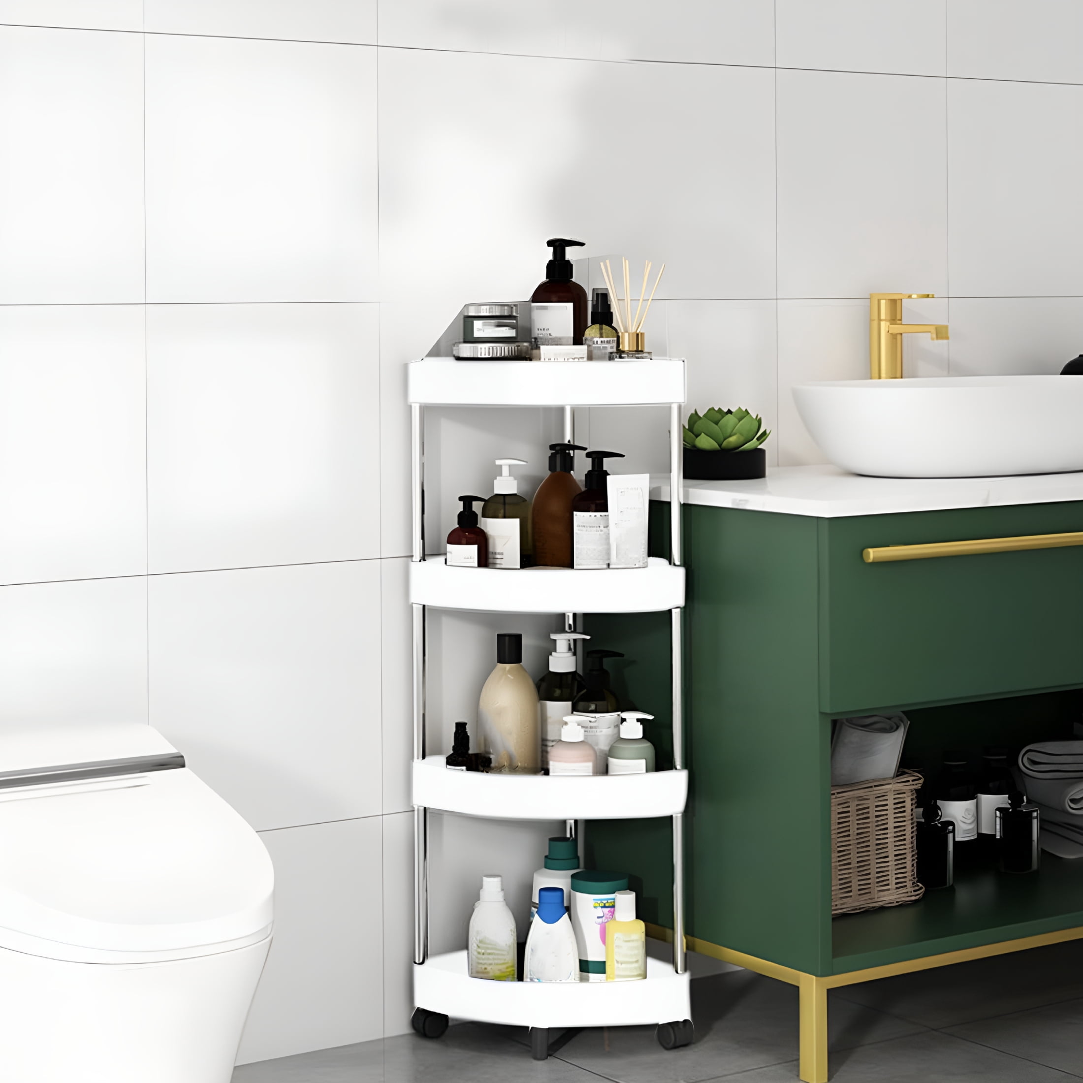 ACDANC Corner Shower Caddy Tension Pole Shower Organizer with 4 Tier Shelf for Bathroom Bathtub Tub Shampoo - Floor Standing Rack Bath Storage Holder