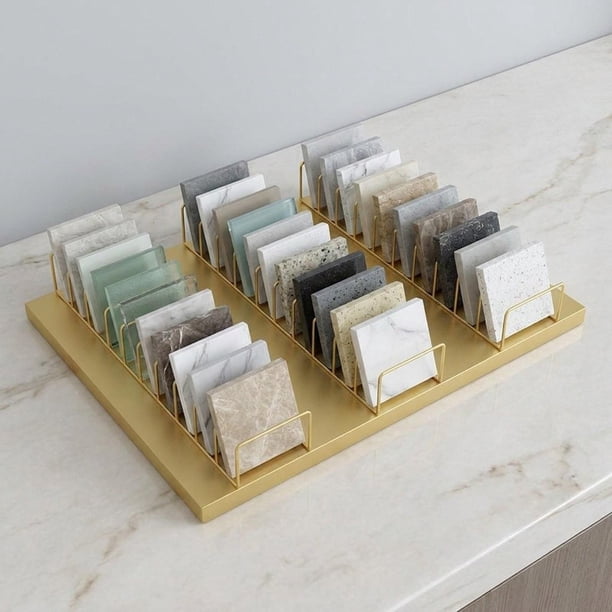 Expositor de azulejos de escritorio, soporte de muestra de mármol, 30 ranuras para tarjetas, elegante soporte de vidrio para mostrador de exhibición. Oro