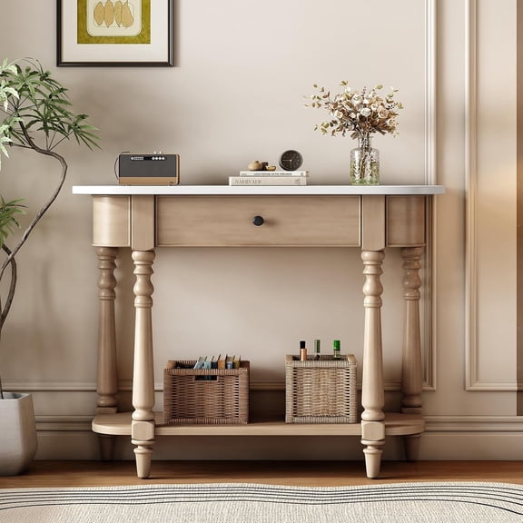 HMFULE Retro Curved Console Table, 36" Solid Wood Half Moon Console Table Sofa Table Entryway Table with 1 Drawer 1 Open Shelf Roman Legs Curved Corners for Living Room,Entryway,Hallway,White Beige