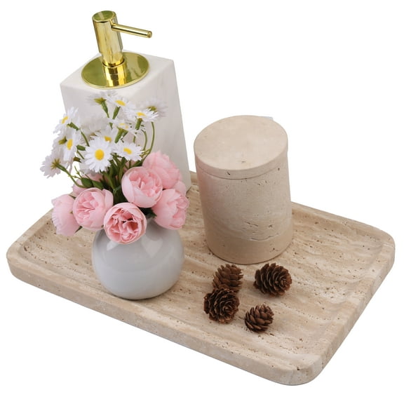 Natural Marble Vanity Tray for Bathroom Counter, 12"x7"Travertine Decorative Tray for Perfume, Candles, Stone Jewelry Dish Tray