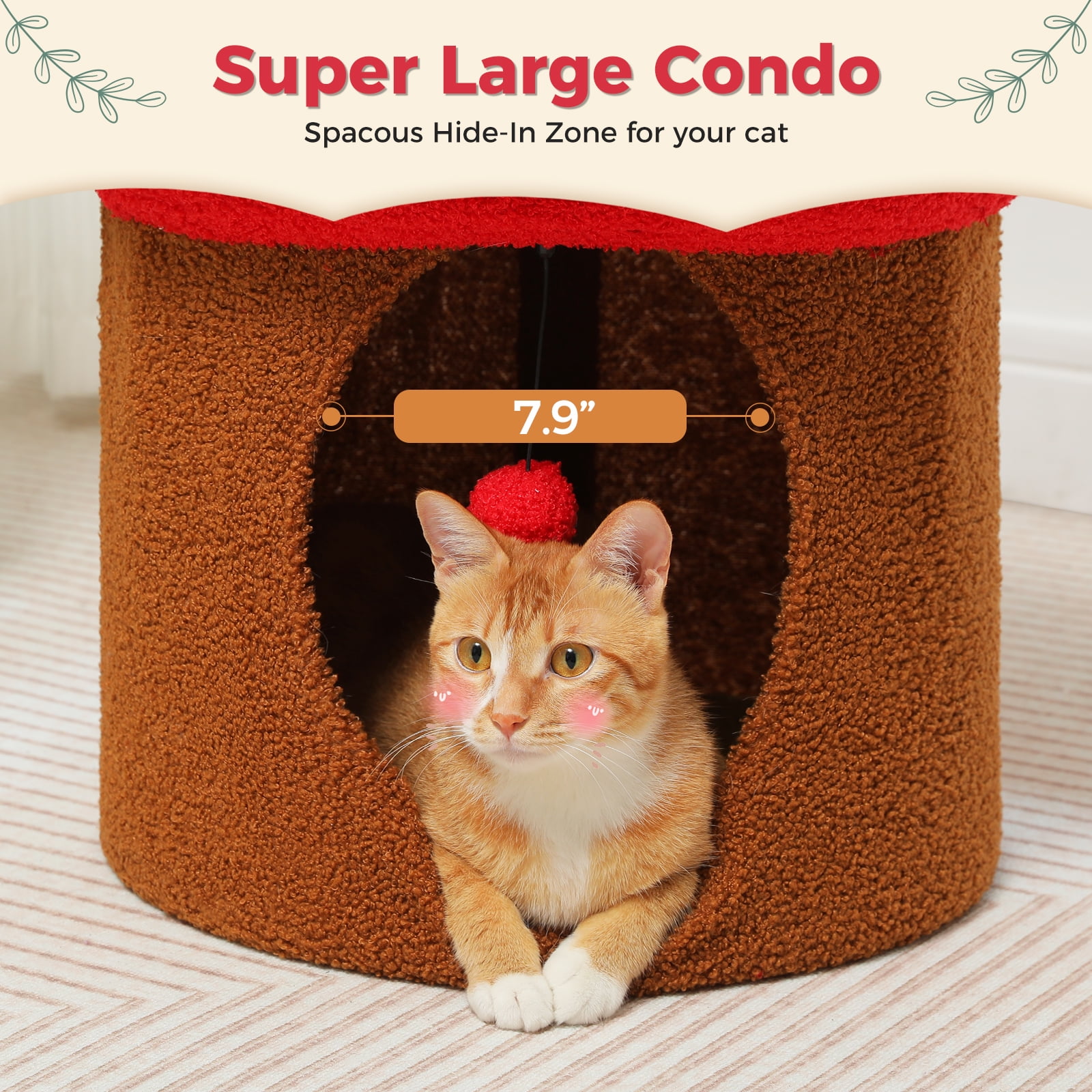 Pefilos 15" Cat House Condo with Tree, Cave Bed & Removable Flower Cat Cushion, Brown