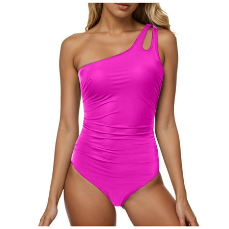Huesdet Womens Tummy Control Bathing Suits Ruffle Swimsuit One Piece Lace Swimwear[Hot Pink M]