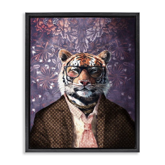 Stupell Industries Tiger in Style on Florals Animals Painting Black Floater Framed Canvas Art Print Wall Art, 17 x 21