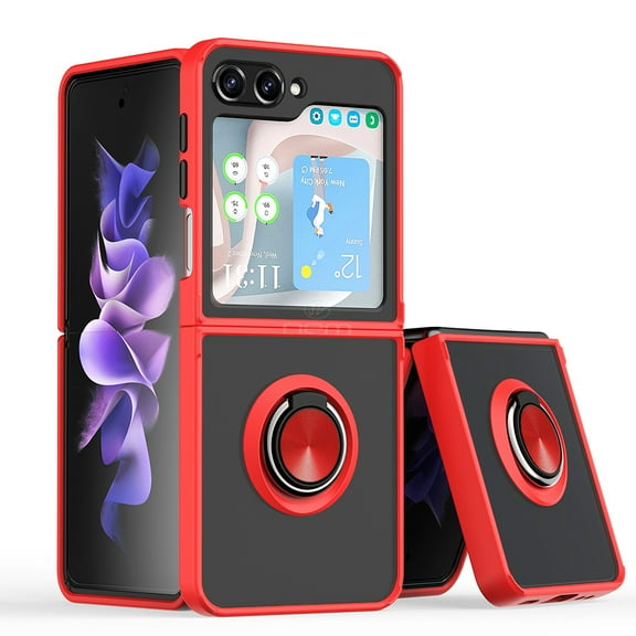 For Samsung Galaxy Z Flip 5 Impact Metal Ring Holder Stand Magnetic Car Mount Protective Hybrid Case Cover Red