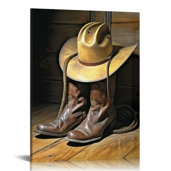 ONETECH  Vintage Western Cowboy Wall Art - Cowboy Hat Boots Art Print, Retro Farmhouse Decor - Western Cowboy Canvas Posters for Man Cave Bedroom Decor -