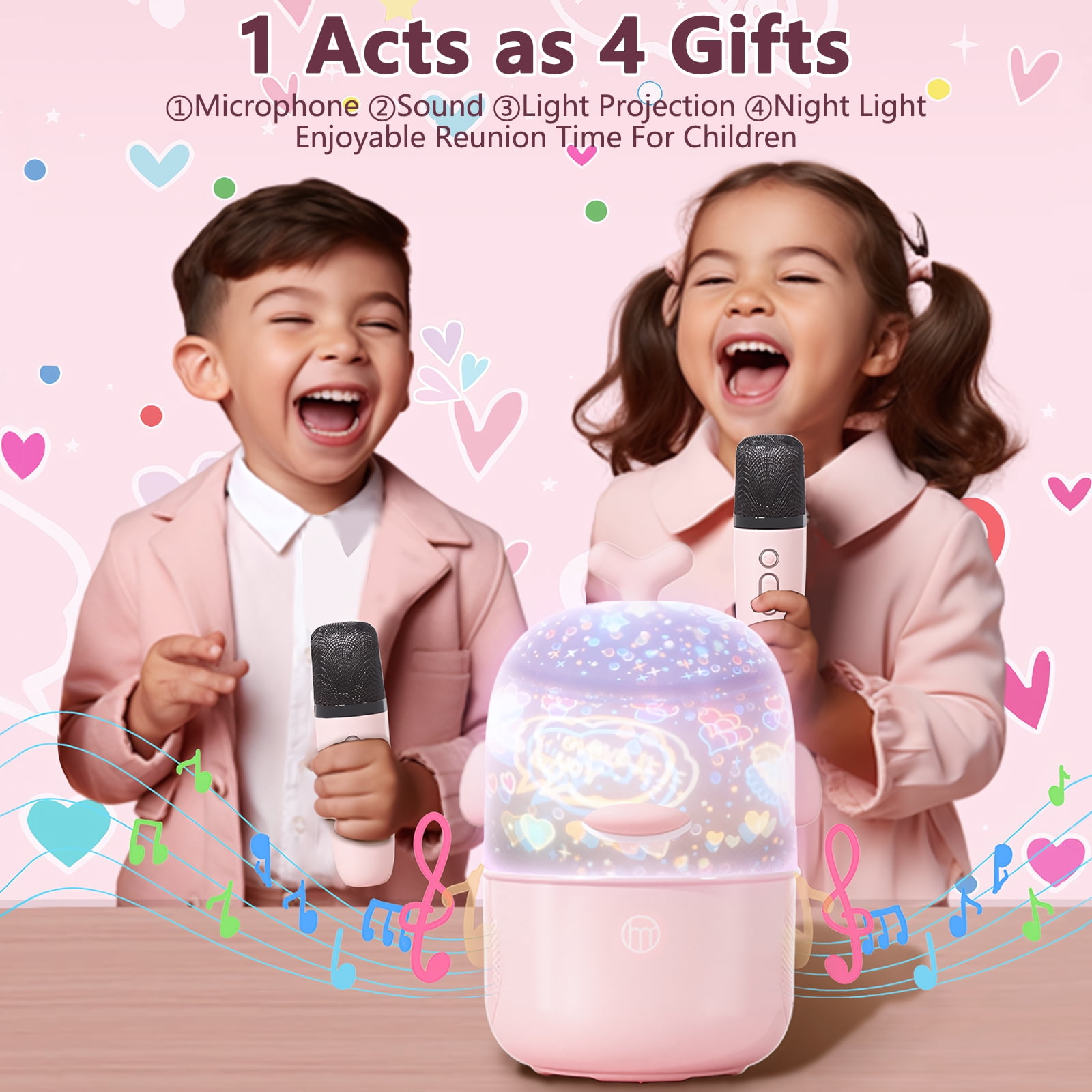 Aromei Mini Karaoke Machine Rotating Night Light Projector All-in-one for Kids with Microphone & 6 Light Films, Ideal for Home Party Birthday Gifts, Pink