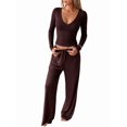 thumbnail image 3 of Women's V Neck Ribbed Crop Long Sleeve Top Drawstring Wide Leg Pants Two Piece Set Brown S, 3 of 9
