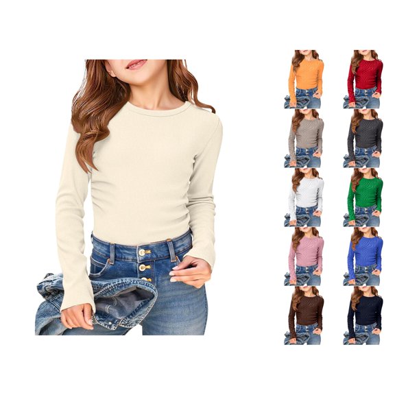 Girls Long Sleeve Ribbed Stretch Tee Slim Fit Casual Basic Top Comfortable Kids Shirt Winter Tops for Girls Athletic Apparel for Girls T Strap plus Size Girls Clothes Shirt Kids Running Shirts for