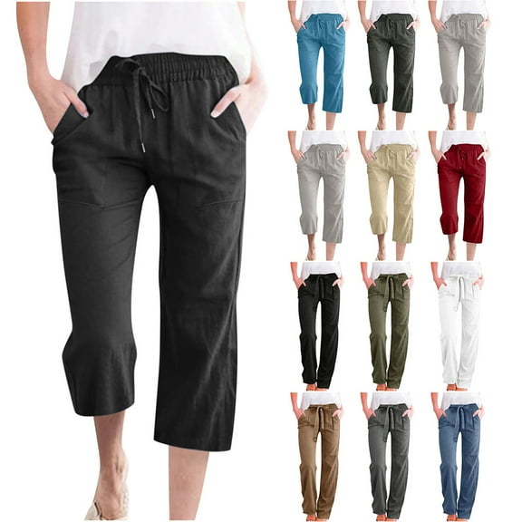 Yotami Capri Pants for Women, Cotton Linen Plus Size Pants for Summer Y2k Elastic Waisted Loose Drawstring Casual Trousers with Pocket