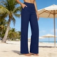 thumbnail image 6 of Aoiroe Women Summer High Waisted Cotton Linen Palazzo Pants Wide Leg Long Lounge Pant Trousers with Pocket Blue L, 6 of 8