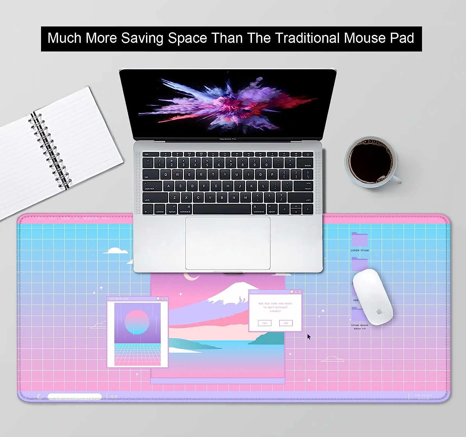 Kawaii Pink Retro Vaporwave Japanese Mount Fuji Moon Night Desk Mat, Cute Anime Grid Large Gaming Mouse Pad XL, Gift for Gamer Girls, Full Desk Mousepad Keyboard Mat - 35.4 x 15.7 Inch