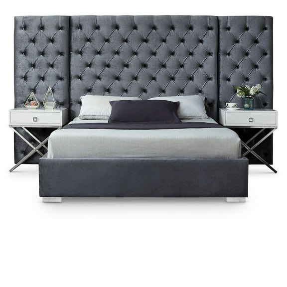 Meridian Furniture Grande Solid Wood and Velvet King Bed in Gray