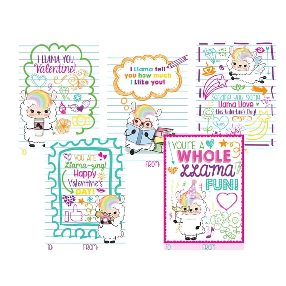 Silly Goose Gifts Llama Fun Themed Valentine Day Classroom Sharing Card Set (25 Included) Trendy Hipster Doodle Valentine's Kids Exchange