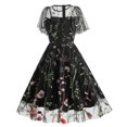 thumbnail image 2 of IBTOM CASTLE Women Vintage Dress 1950s Sleeveless Mesh Patchwork Cocktail Swing Dress Floral Embroidery Flare A-Line Dress Wedding Guest Evening Prom Gown M Black Ruffle, 2 of 8