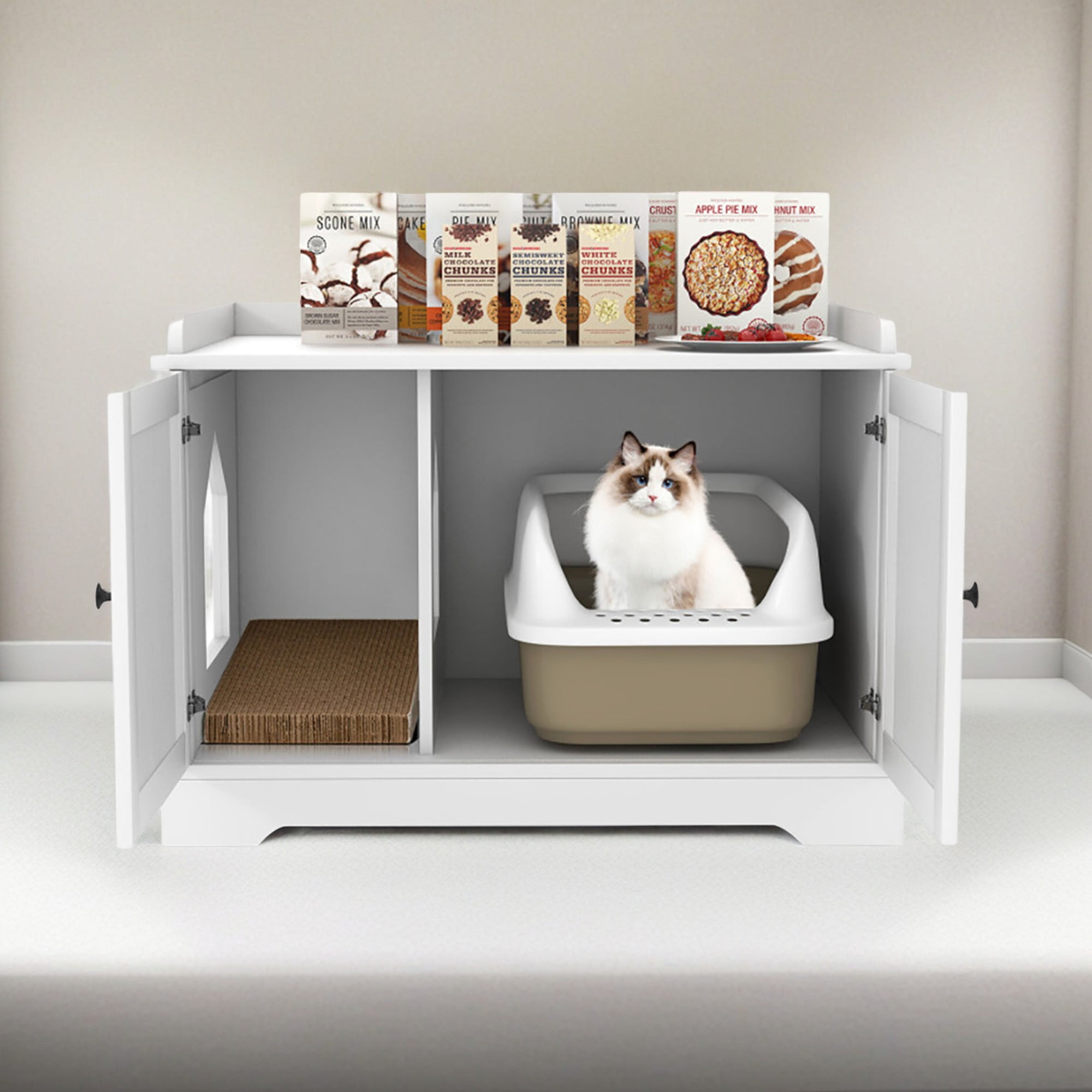 Kadyn 29" Wooden Cat House with Scratching Pad and Adjustable Divider, Cat Litter Box Furniture Hidden, Cat Washroom Enclosure, White