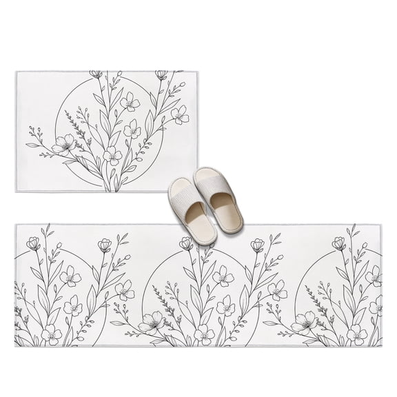Line Art Flower 2 Pieces Non-Slip Kitchen Mat Set, Rustic Minimalist Black White Floral Botanical Soft Door Mat with Rubber Backing, Dirtproof Rugs for Entrance Doorway, 15.7x23.6in 15.7x47.2in