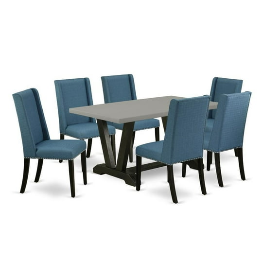 East West Furniture V-Style 7-piece Wood Dining Set with Fabric Chairs in Black