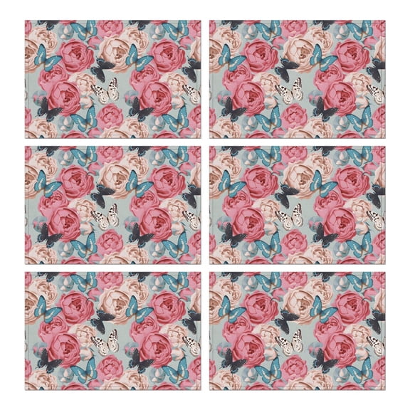 Pioneer Flower Floral Print Pattern Summer Placemats Table Placemats Set Of 6-Linen Kitchen Washable Placemats Table Mats 12x18 Inch Non-Slip Heat Resistant
