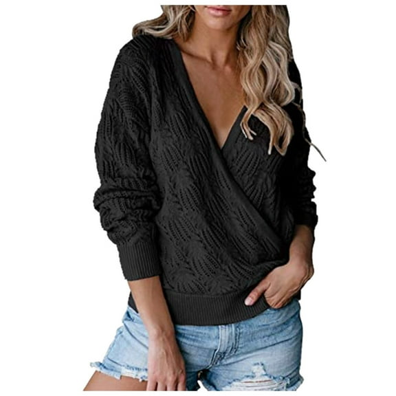 Aoochasliy Womens Sweaters Pullover Clearance Deep V-neck Wrap Sweater Long-sleeved Crochet Pullover
