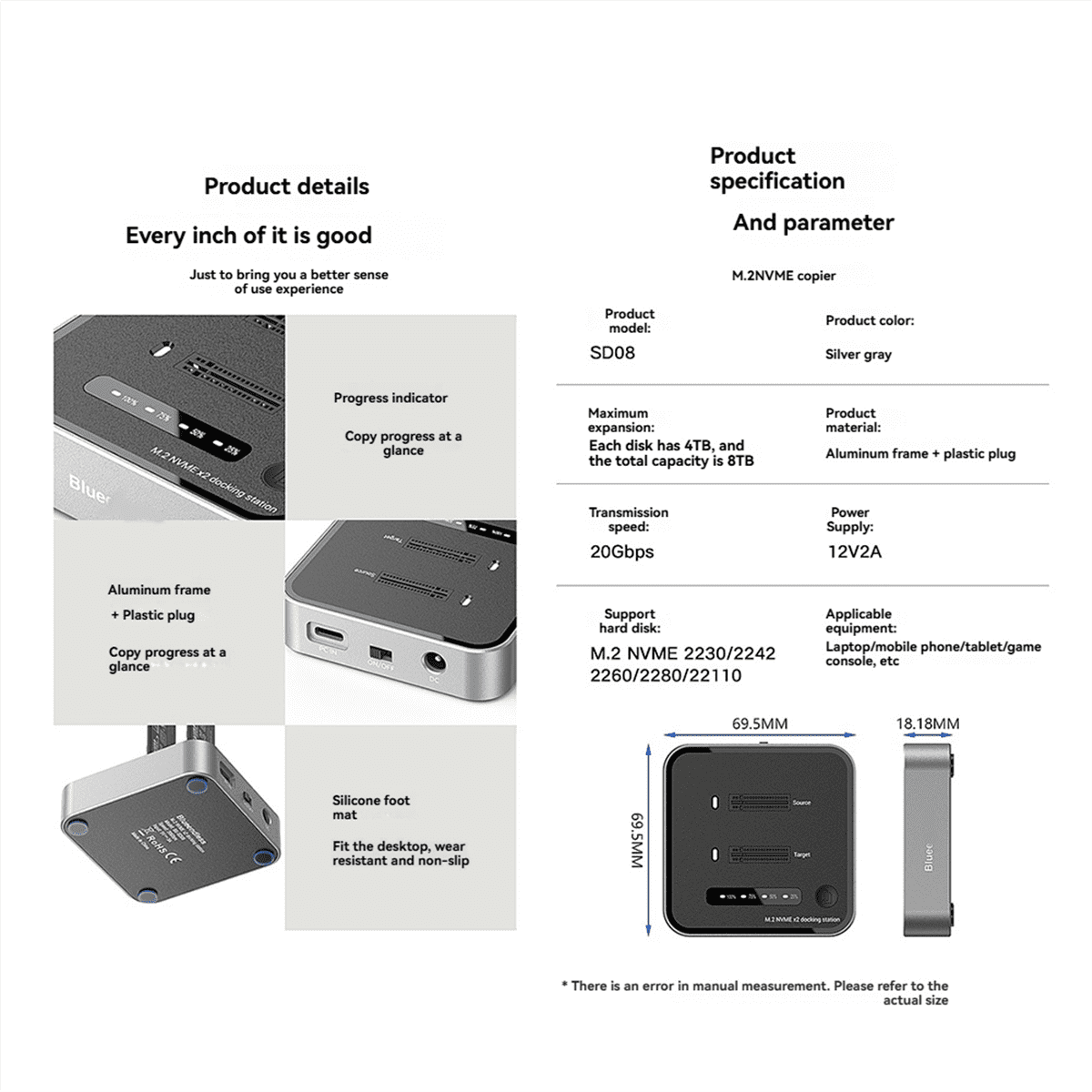 M2 20Gbps Two Bay SSD Docking Station Dual Bay Offline USB C to NVME PCiE Docking Station Offine Clone SSD Dock US Plug,1 x NVME PCIE Dock 1 x adapter