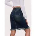 thumbnail image 6 of Blue High Waist Ripped Denim Midi Skirt With Fringe Hem, 6 of 12