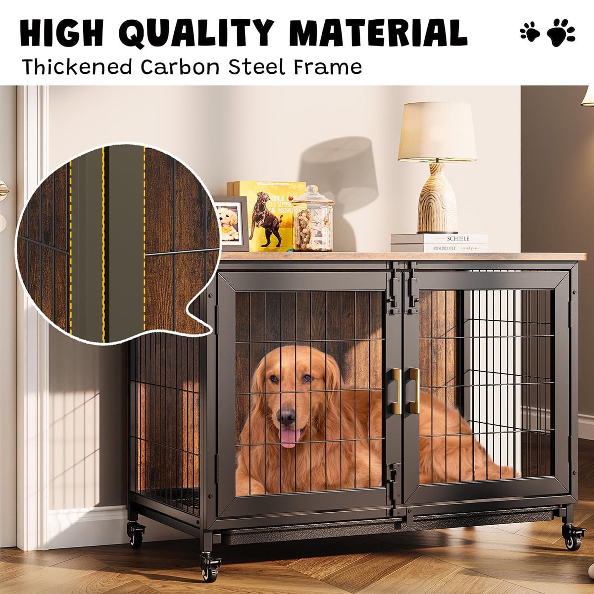 Danolapsi 37.5" Heavy Duty Dog Crate Furniture with Wheels, Wood Indoor Dog Crate Kennel with Removable Trayfor Small/Medium/Large Dogs, End Side Table, TV Stand
