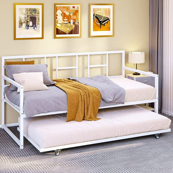 Dextrus Twin Daybed Adjustable Height Trundle Bed and Multi-Functional Furniture for Bedroom, White