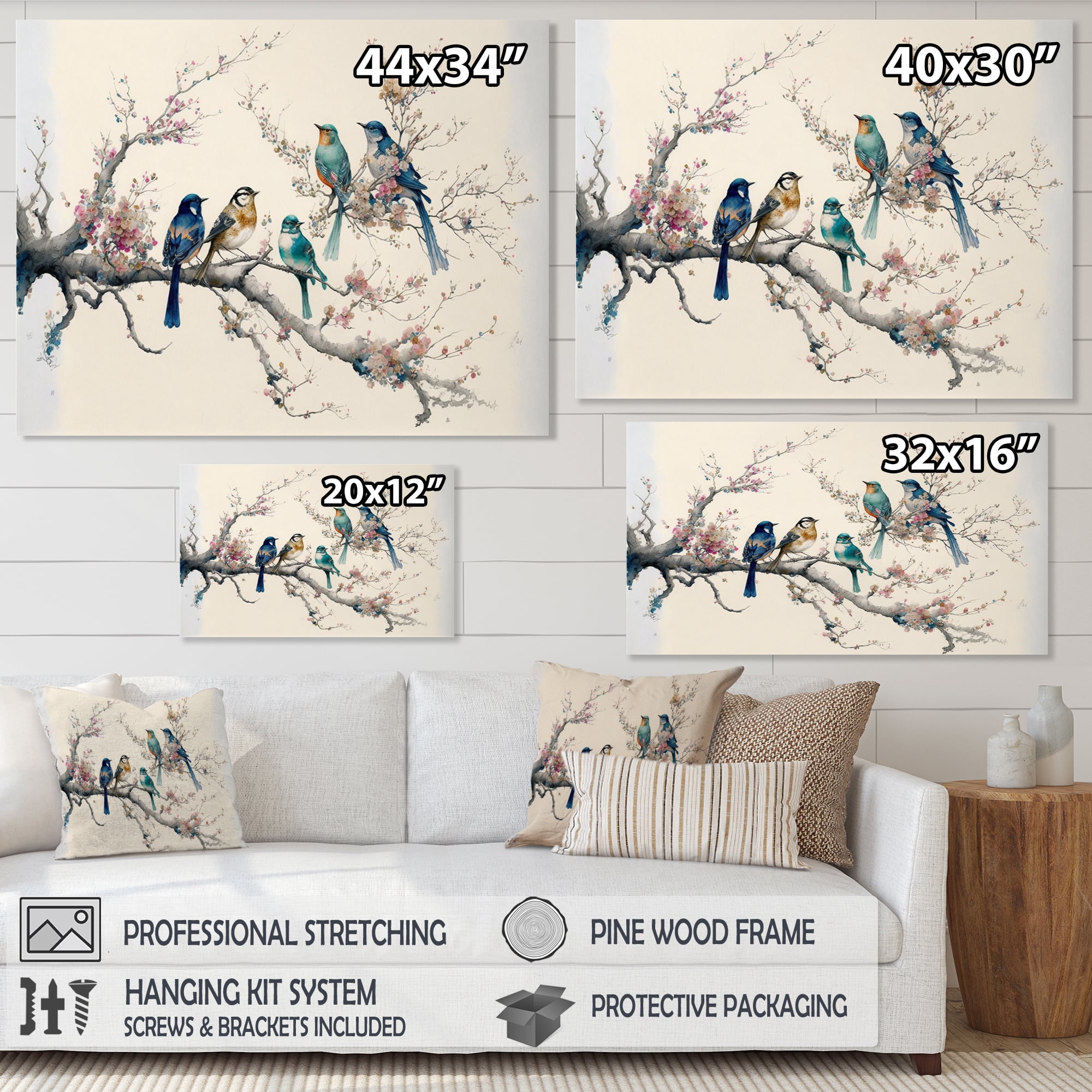 Designart Multicolor Birds On Plum Blossoms Tree I Canvas Wall Art