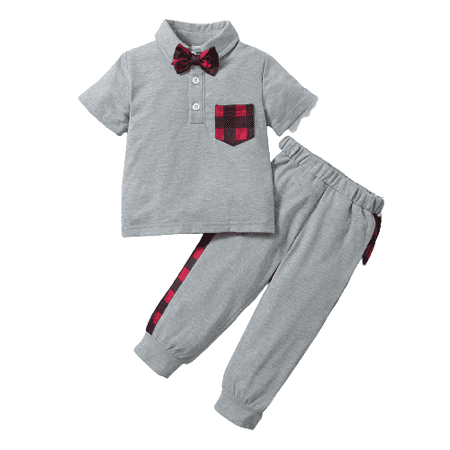 

Mikrdoo Infant Baby Boys Outfits Check Pocket Turn-down Collar Shirts Elastic Pants 2Pcs Clothes Set Gray 18-24 Months
