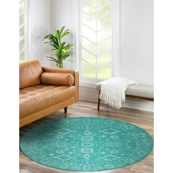EORC Green Hand-Tufted Wool Traditional Overdyed Rug, 6' Round