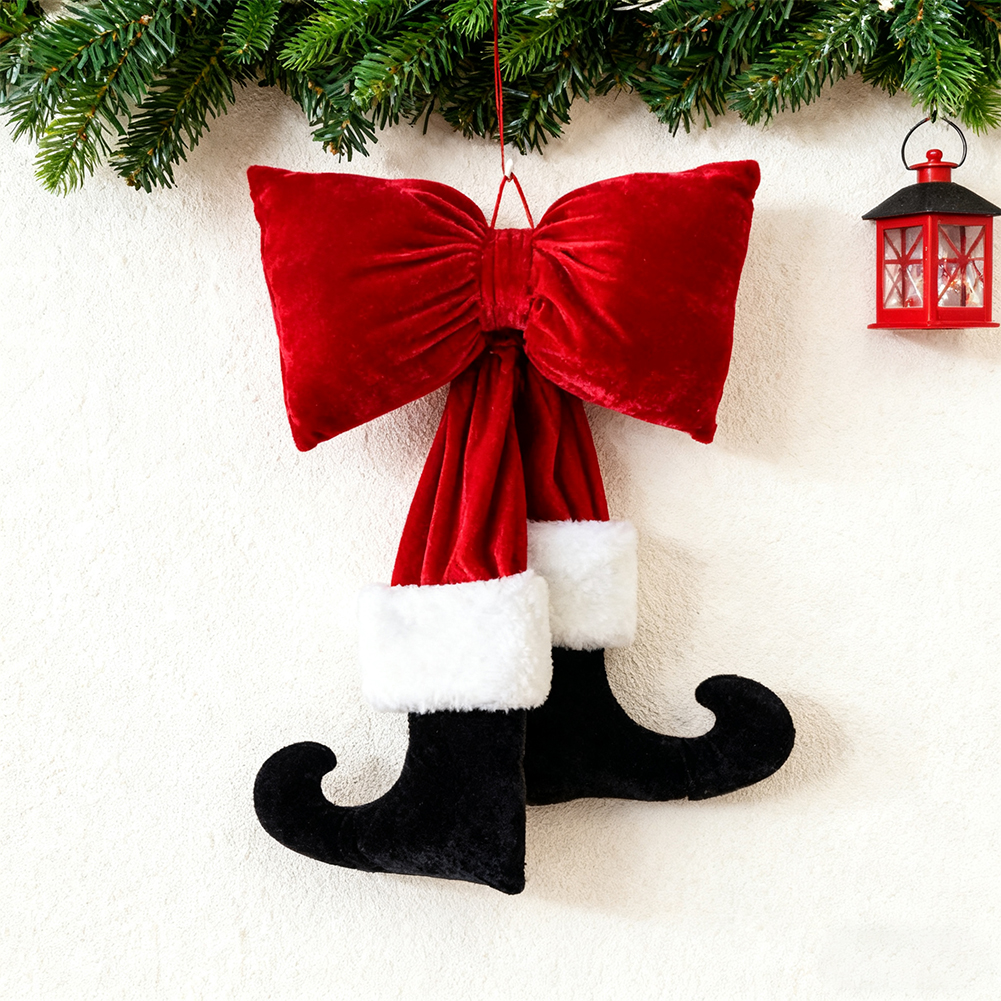Yucurem Christmas Tree Red Velvet Bow with Santa Legs Hanging Ornaments, 3D Plush Stuffed Christmas Bowknot Pendant for Xmas Tree Garland DIY Craft Wrapping Wall Decor (19.69 in)