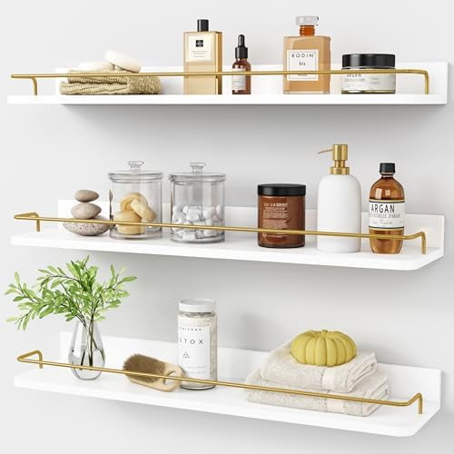 24 Inch Bathroom Floating Shelves for Wall Set of 3, Gold Bathroom Shelves Over Toilet Wall Mounted with Rail, Decorative Hanging Shelf for Bedroom Office Living Room Decor (White and Gold)