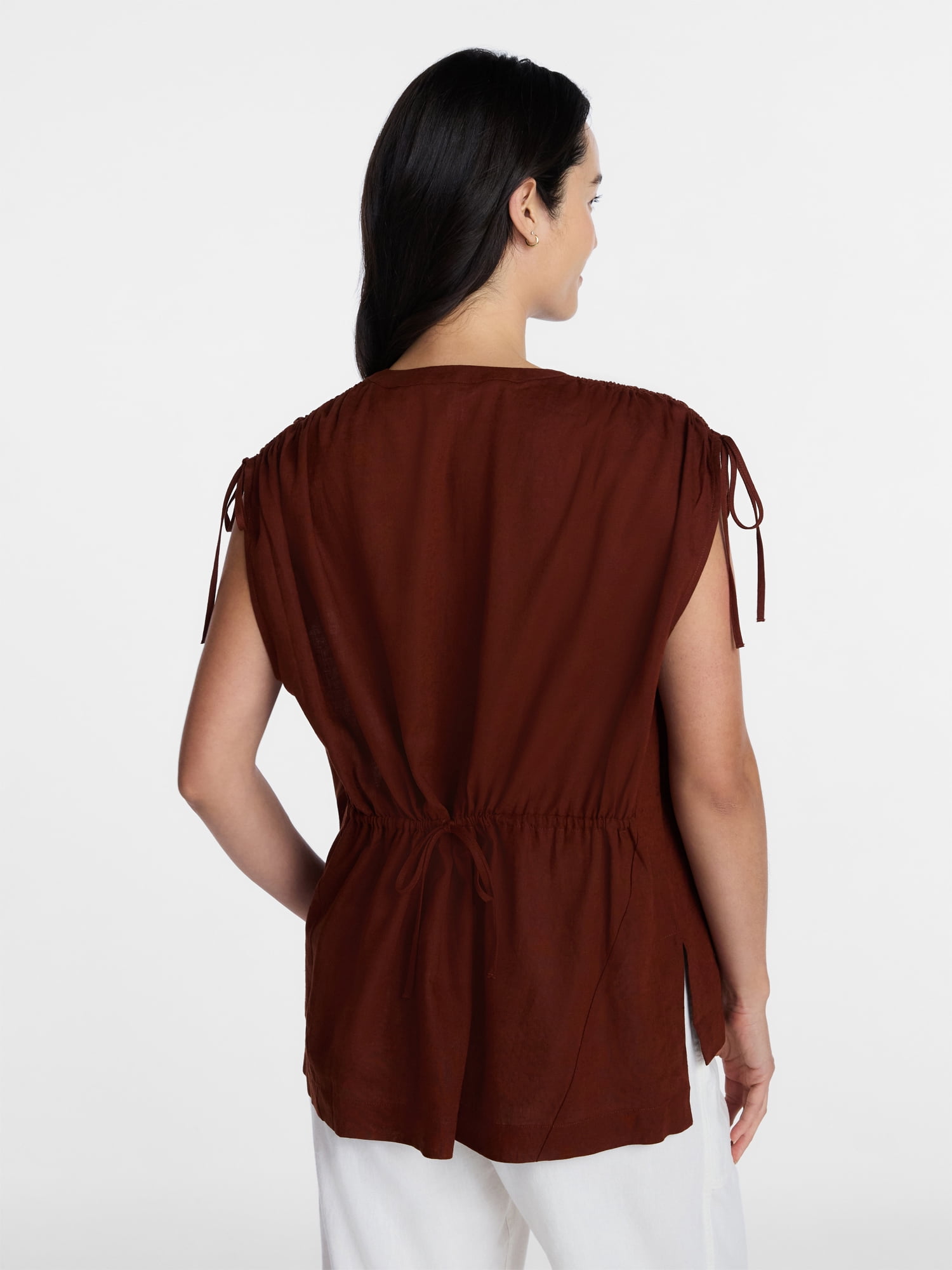 Time and Tru Women’s Linen-Blend Tunic Top with Ruched Sleeves, Sizes XS-XXXL