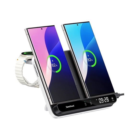 SwanScout Dual Charging Station for Samsung, Dual Wireless Charger for Samsung S25 Ultra/S25 /S25/S24/S23/S22/Z Flip/Z Fold, for Galaxy Watch 7/Ultra/FE/6 Classic/5 Pro/5/4/3, SwanScout 710S
