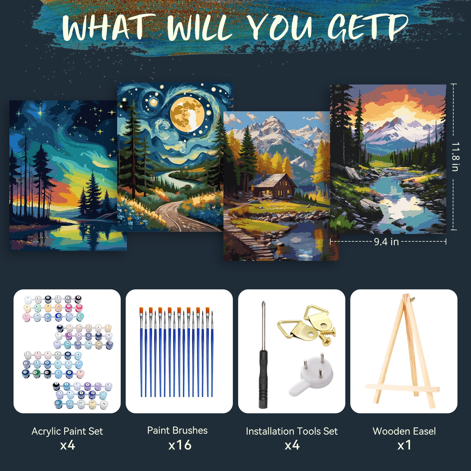 Qoosea 4 pack Paint by Numbers Kit for Adults with Frame, Paint by Number with Wooden Easel Diy Landscape Paint Kits for Adults for Home Decor Wall Decor 11.8x9.4inch