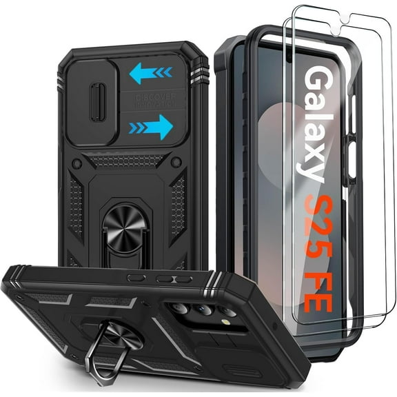 for Samsung Galaxy S25 FE 5G Case,Samsung S 25FE Phone Case with Camera Cover & Magnetic Kickstand [2 Screen Protector],Military Shockproof Case for Galaxy S25 FE 2025,Black