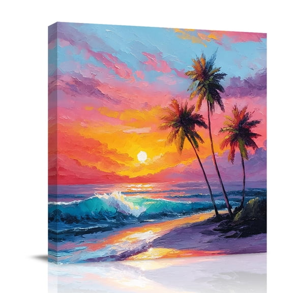 Summer Beach Canvas Wall Art for Living Room, Tropical Palm Trees Sunset Waves Nature Poster Print Painting for Bedroom Office Home Decoration Wall Pictures Prepare To Hang 8"x8"