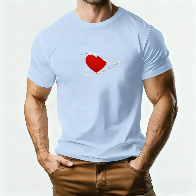 Tops para hombre, blusas y camisas de manga corta con cuello redondo para hombre, camiseta deportiva informal con estampado de corazones a la moda para hombre, blusa de poliéster de manga corta con cu