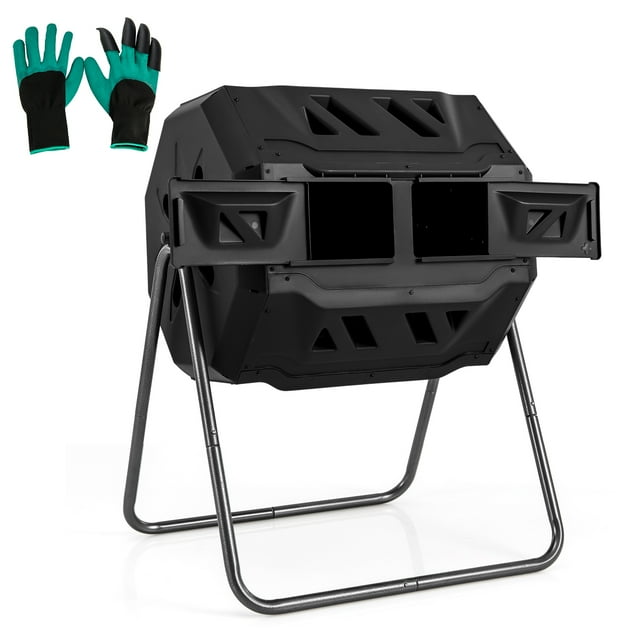 Costway 42-Gal Compost Bin Dual Chamber Composting Tumbler with 2 Sliding Doors Metal Frame Black