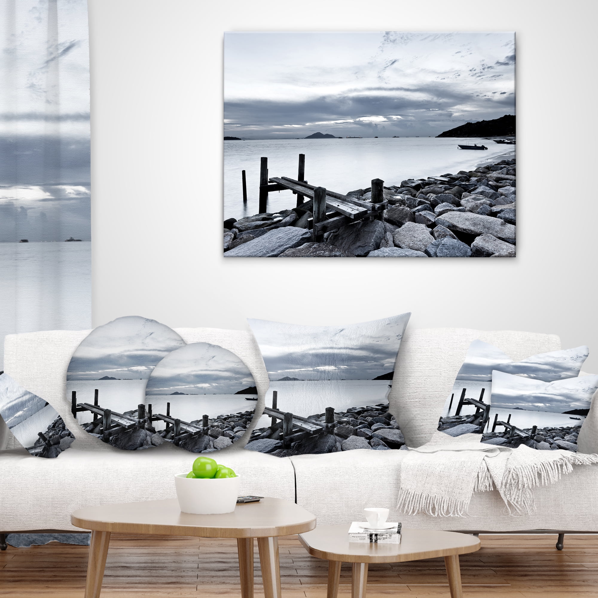 Designart Small Sea Bridge from Rocky Beach - Landscape Printed Throw Pillow - 18x18