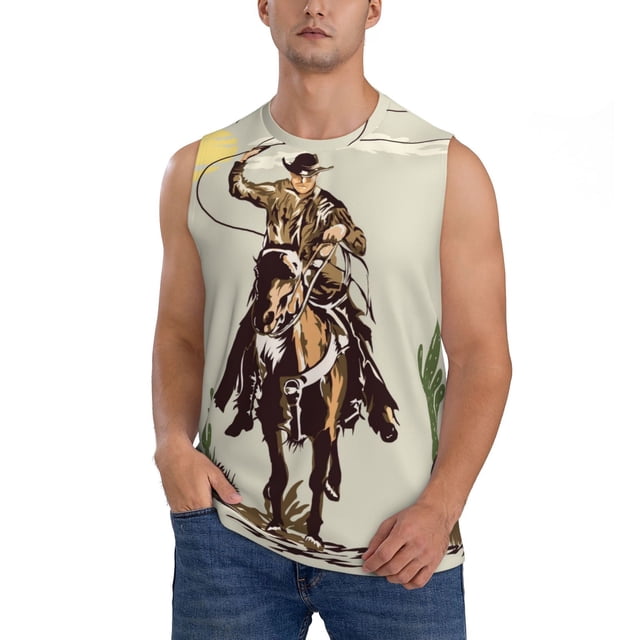 Fotbe Vintage Cowboy Riding Horse Men's Camiseta sin Mangas Estampada para Hombres, Playera Casual para Gimnasio, Entrenamiento, Playa-Large