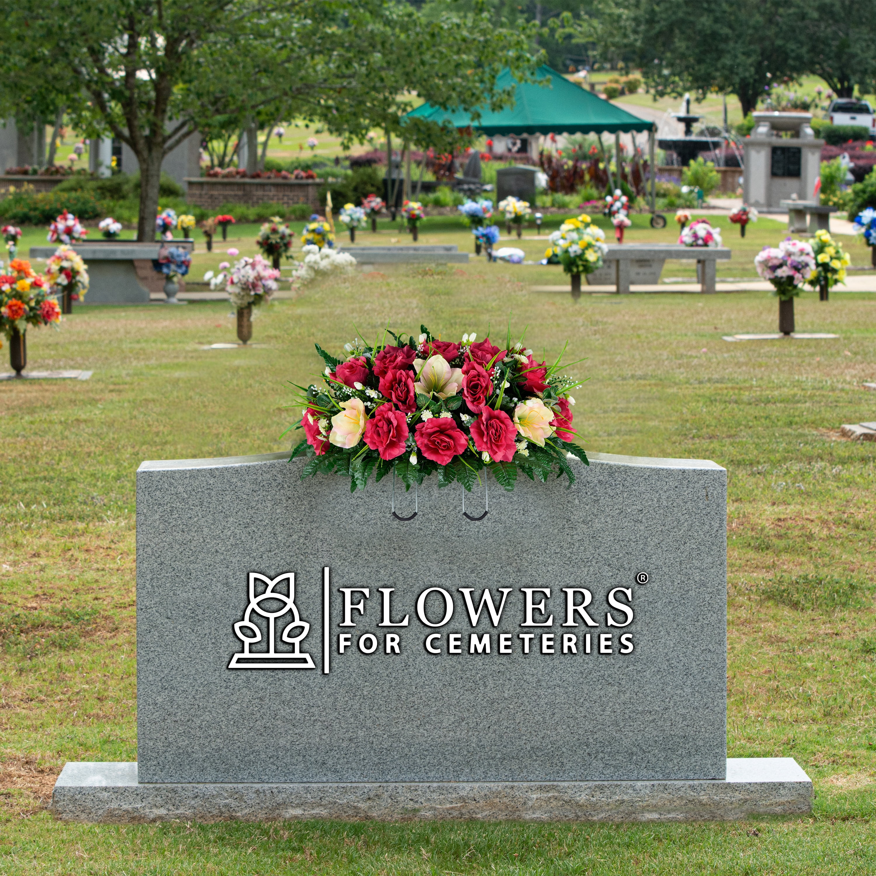 Sympathy Silks Artificial Cemetery Flowers 30" Cream Pink Amaryllis/Fuchsia Rose cemetery saddle