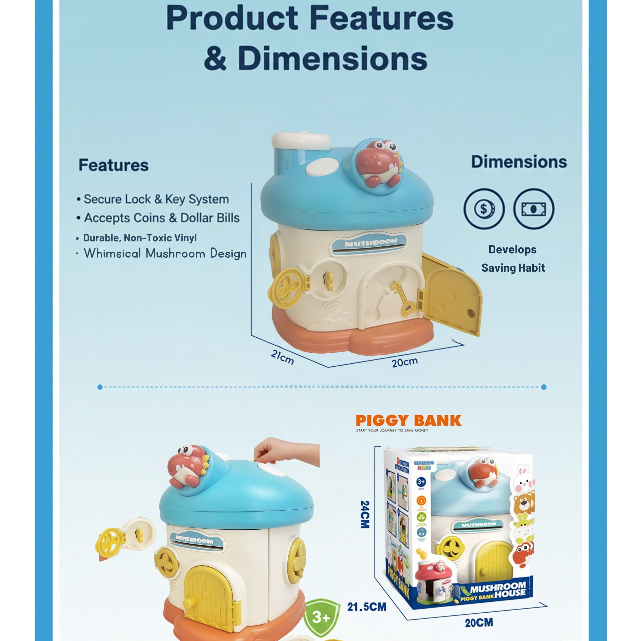 Whimsical Mushroom House Piggy Bank with Lock and Keys, Kids Savings Coin Bank Toy